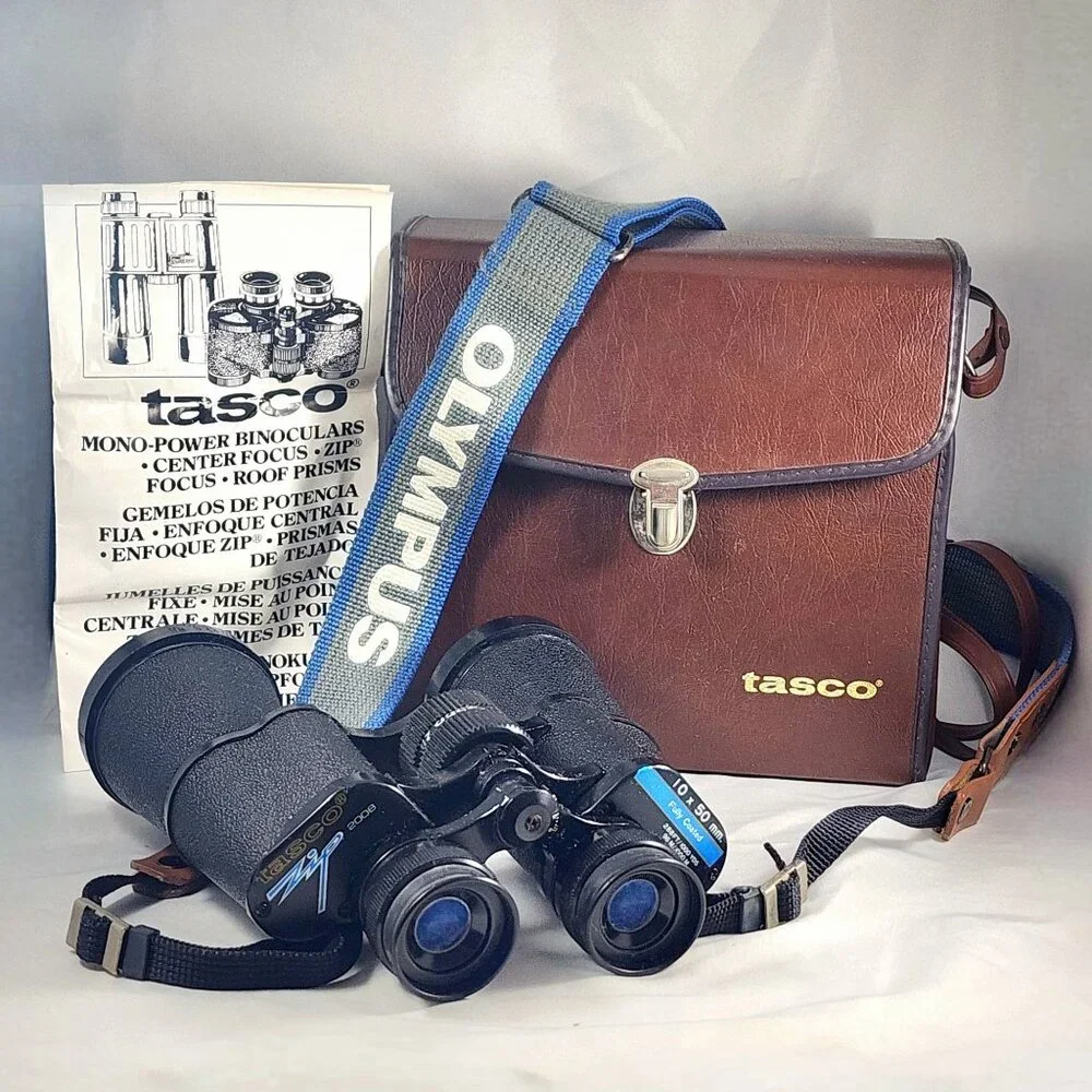 Tasco Zip Binoculars 10x50 Fully Coated w/ Leather Case & Olympus Camera Strap